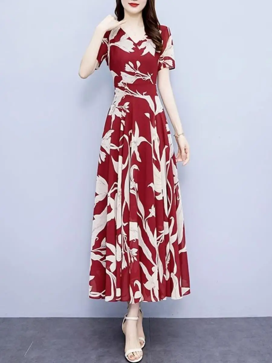 floral-print-summer-dress-women's-plus-size-a-line-waist-cinching-short-sleeve-two-piece-set-elegant-casual-fashionable