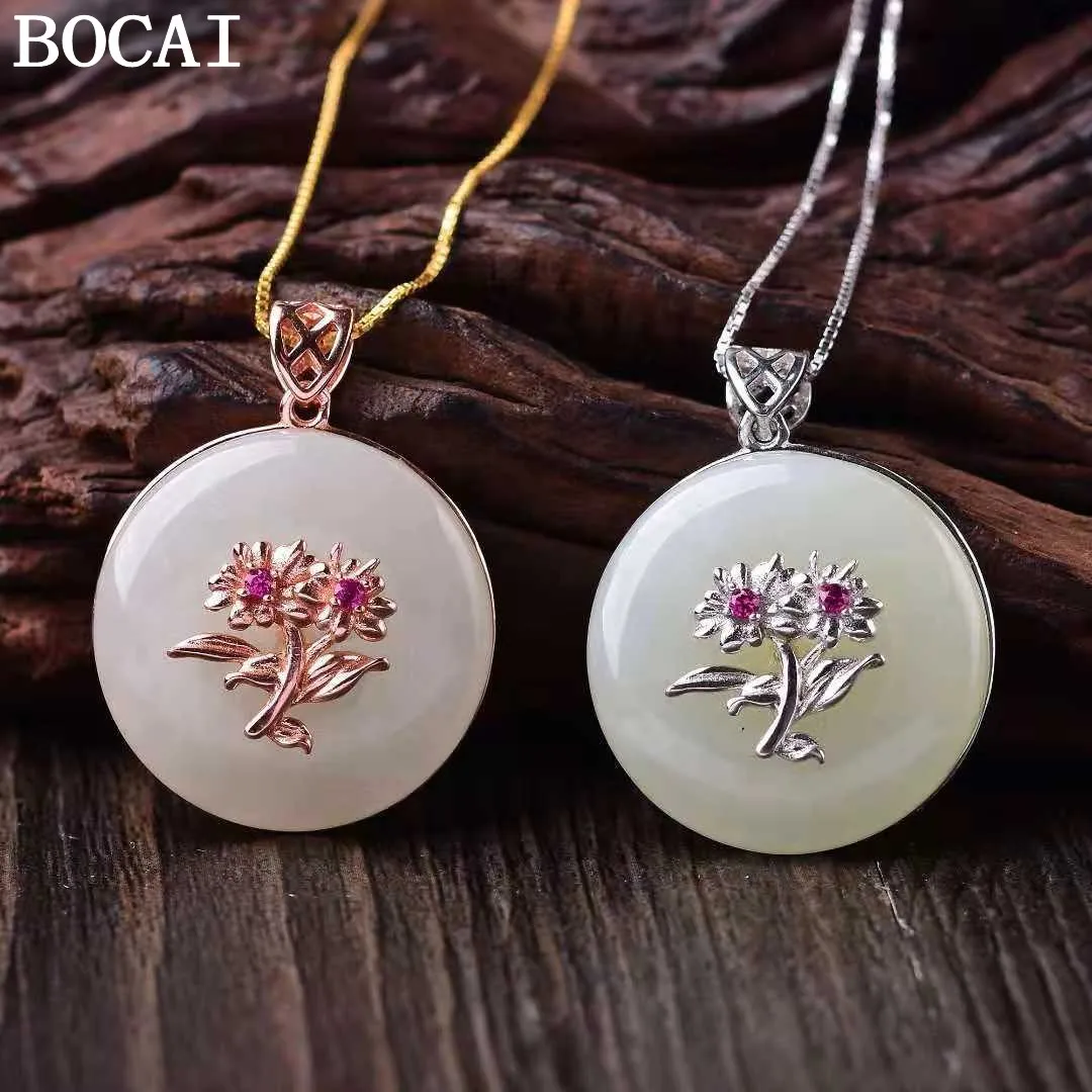 bocai-新-s925-スターリングシルバージュエリーホワイトジェイドフラワーブルーミング富と安全バックルペンダント女性の選択されたギフト