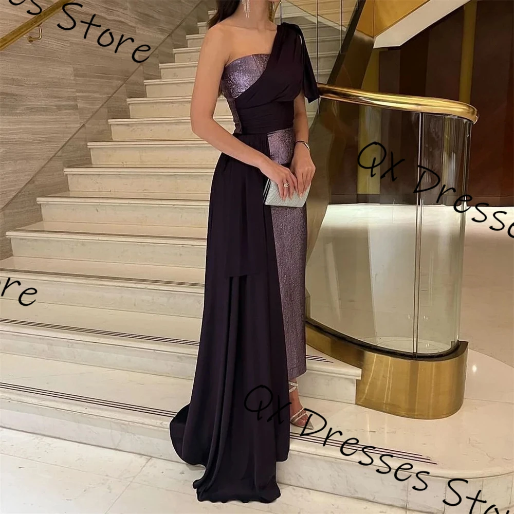 Customized Fashion elegant sparkle Prom Dress One-Shoulder stitching color With Sweep train party Gowns Pleat Sleeveless Ankle L