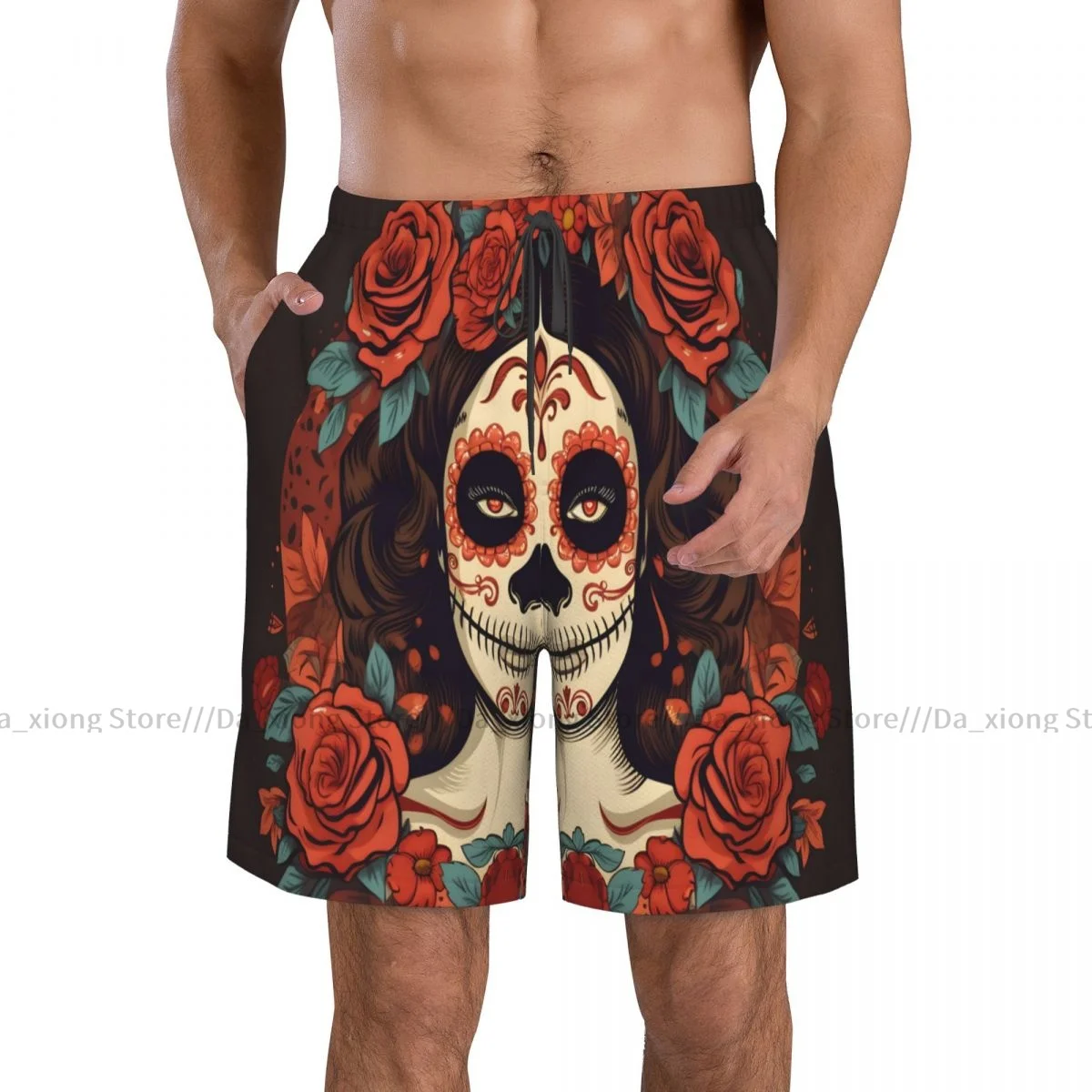 Men Beach Short Quick-drying Swimming Trunk Sugar Skull In Floral Swimwear Swimsuit Bathing Shorts