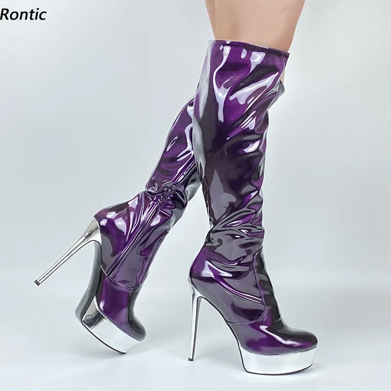 

Rontic 2021, женские сапоги до колена на платформе, пикантные сапоги на шпильке с круглым носком, довольно темно-фиолетовые вечерние туфли, размер США 5-20