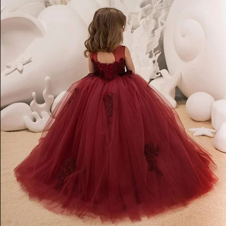 

Flower Girl Dress Wedding Party Princess Dresses Red Lace Applique Sleeveless For Girls Tulle First Communion Dress Ball Gown