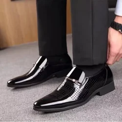 Pointed Toe Social Shoe for Men Patent Leather Dress Shoes Man Breathable In Summer Bright Upper Suit 2025 Style Casual Business