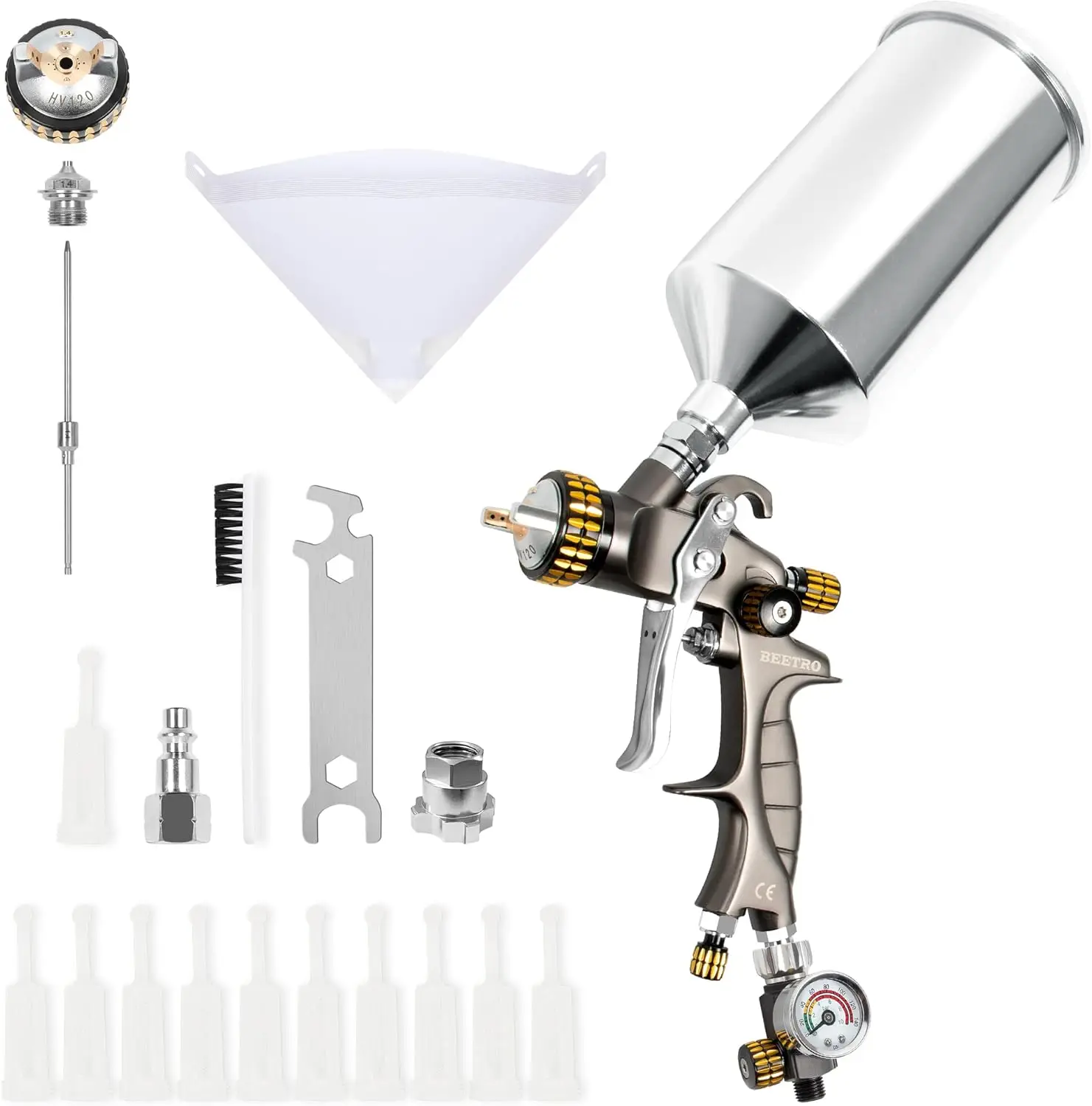 HVLP Air Spray Gun 1.4mm Nozzle 1000ml Capacity 14.5CFM 30-43psi with 11 Filters 10pcs 190M Paint Strainers Air Control Valve 1/