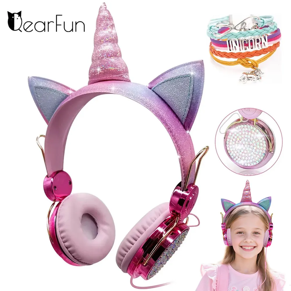 Pink Unicorn Kids Headphones Girls Diamond Wired Headphones with Microphone Music Headset for Children Daughter Kids Gifts