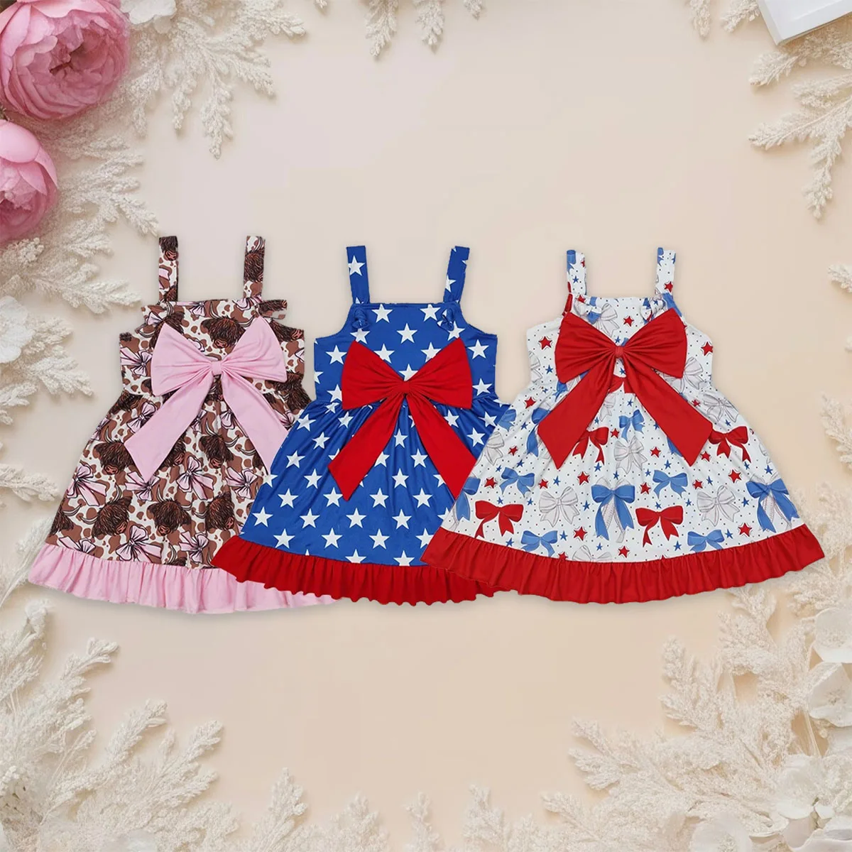 

Baby Girl Bows Western Highland Cows Cute Princess Dresses Sibling Clothing Cotton Ruffle Knee Length Dresses Clothes Wholesale