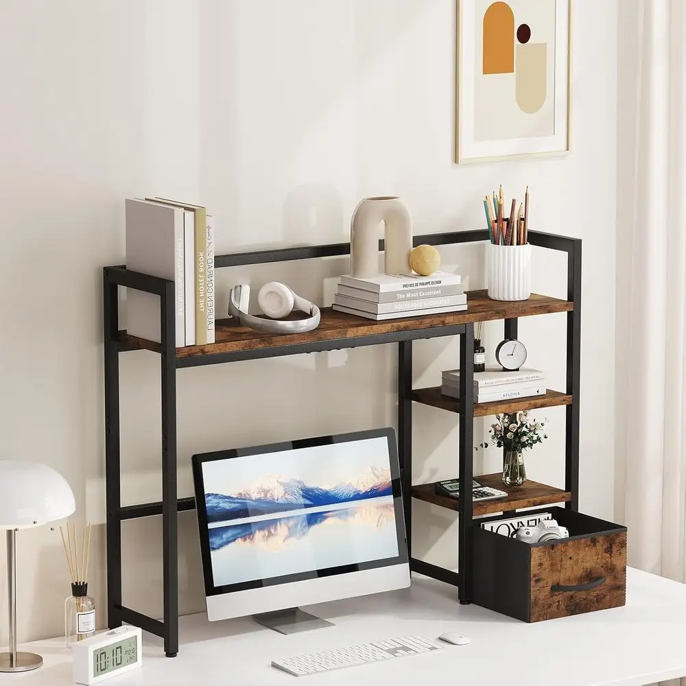 Desk Shel with Der, 40 Desk Hutch or Computer Monitor, Wooden Desktop Bookshel Storage Rack or Home Oice Dorm - Brown