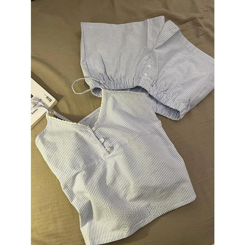 طقم ملابس نوم نسائي صيفي جديد بتصميم ياباني، قميص نوم بحمالات ملونة وشورت كاجوال، ملابس منزلية برقبة على شكل V #2