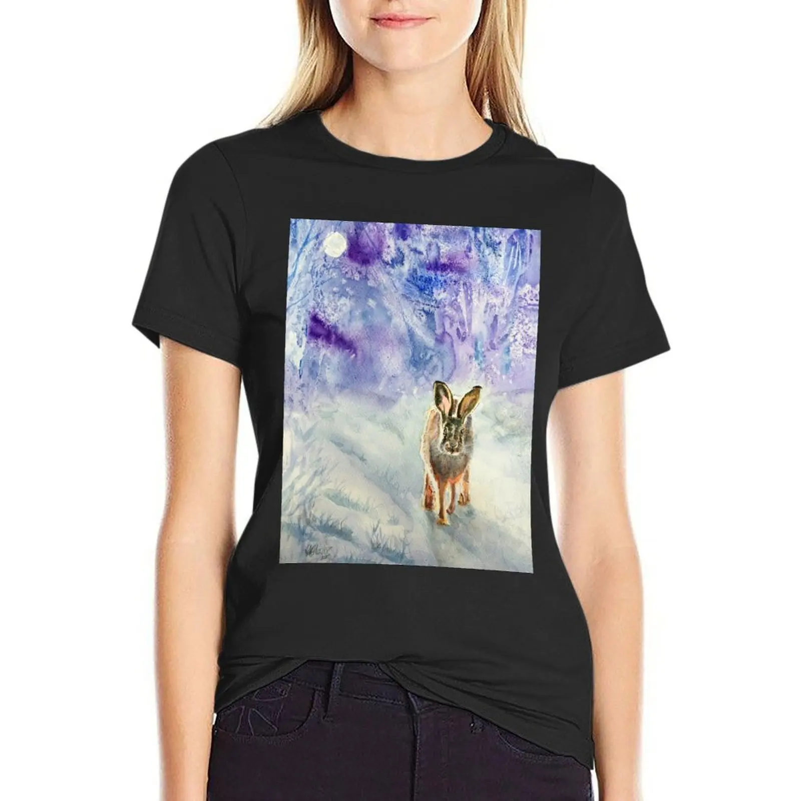 After snowfall: Watercolour painting of a hare T-Shirt oversized summer tops anime clothes clothes for Women