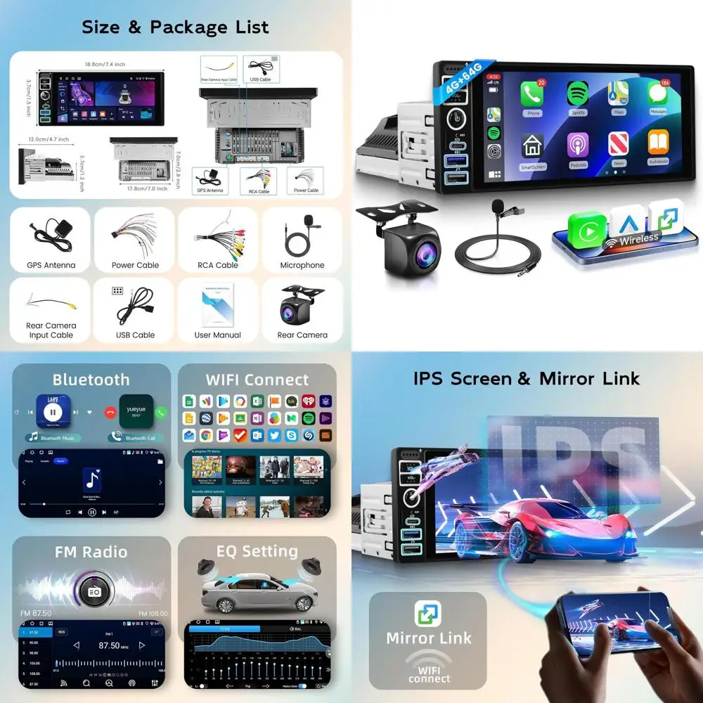 4+64G Single Din Android Stereo with Wireless Carplay and Android Auto, Car Radio HD Touch Screen Headunit with Mirror Link Blue