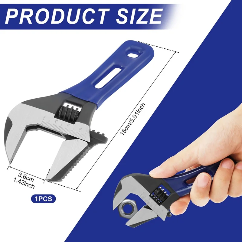 AT02-6 بوصة مفتاح ربط قصير قابل للتعديل، مفتاح فتح الفك عريض جدًا 1.42 بوصة مع مقياس متري، مفتاح ربط عميق من الفولاذ الكربوني #5