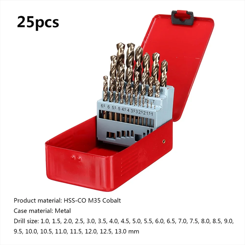 13/19/25Pcs M35 HSS-CO 5% Cobalt Twist Drill Bits, Metric Straight Shank Bit Set with Iron Box for Metal Stainless Steel Driling