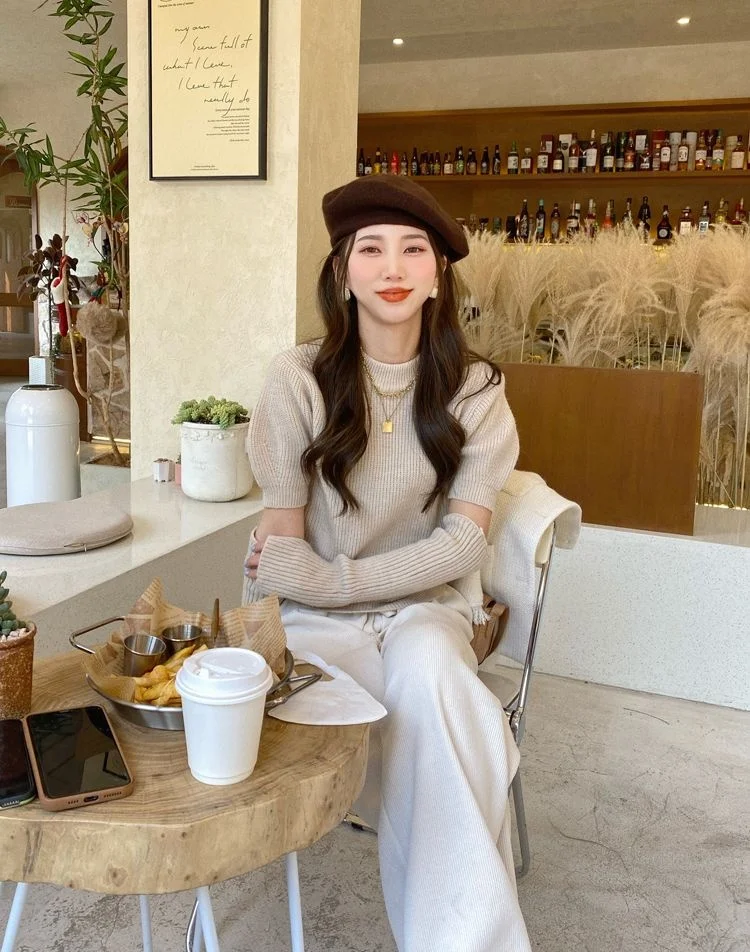 탈부착 가능한 소매 니트 스웨터 여성용 겨울 퍼 칼라 더블 브레스티드 버튼 트위스트 풀오버 올매치 비즈니스 OL