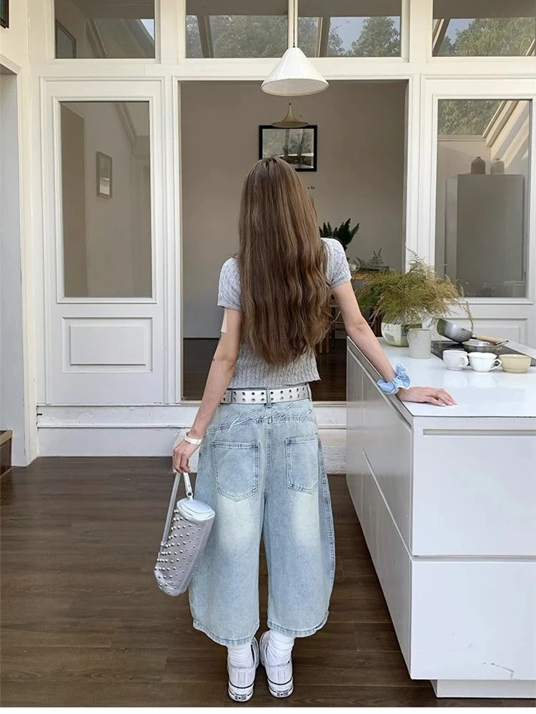 Letter Embroidery Womens Calf-length Jeans High Waist Vintage Hip Hop Baggy Straight Denim Pants Street Wide Leg Denim Trouser