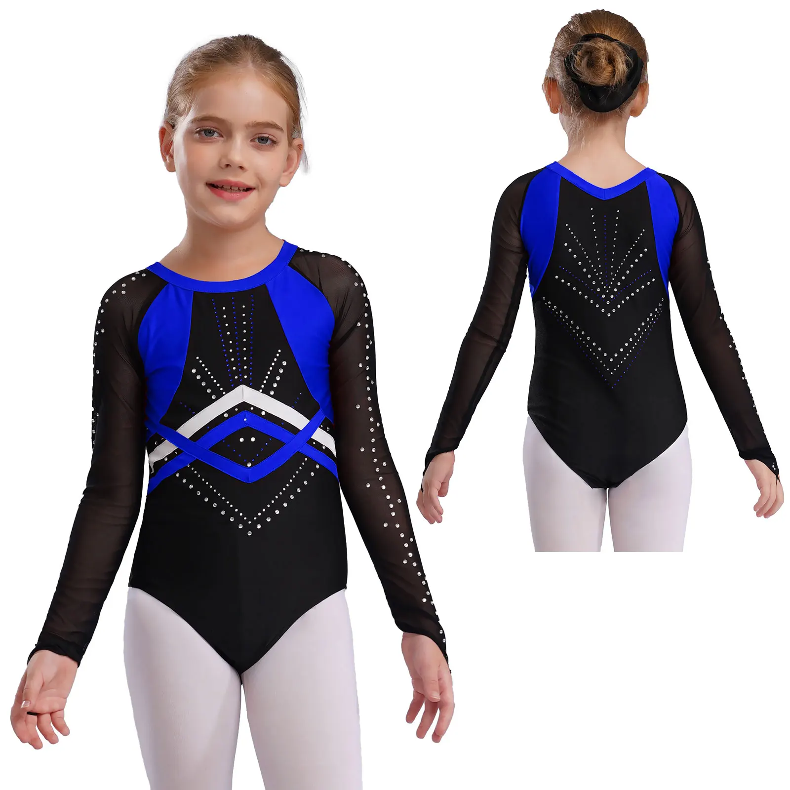 

Gymnastics Outfits for Kids Girls Ballet Skating Performance Set Rhinestones Mesh Leotard+Shorts+Headwear 3-piece Dancewear Set