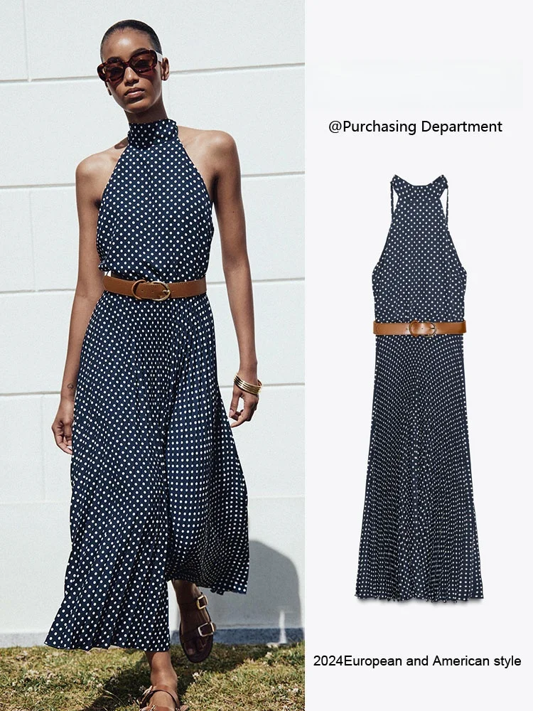 

Summer New Arrival Women's Slimming Midi Dr with Belt Polka Dot Ne Hanging Design ZA2025 Ele Faionable Gown