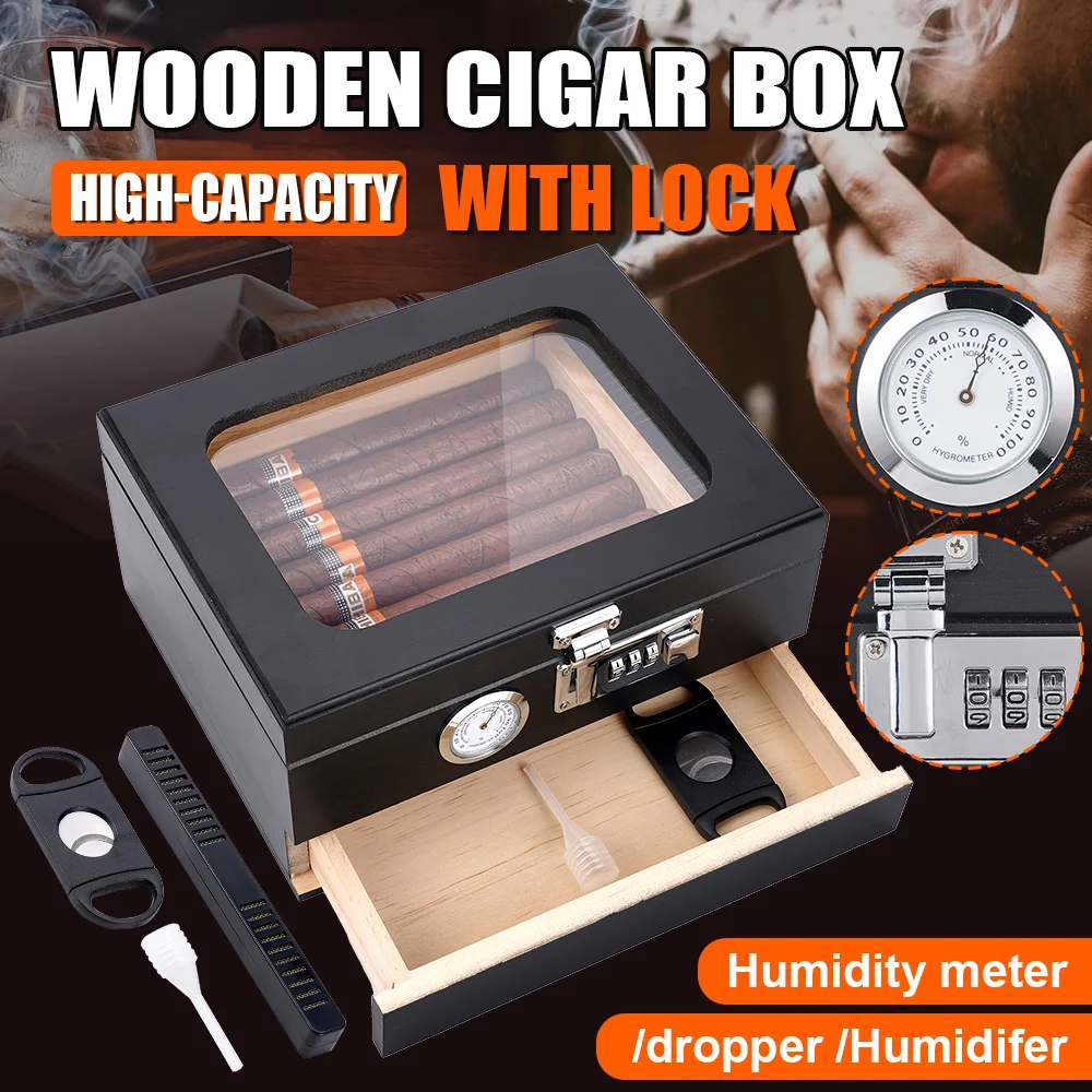 

Cigar Humidor Glass Top Desktop Box with Digital Thermo-Hygrometer Humidifier Divider Accessories Drawer Desktop Humidor Gifts