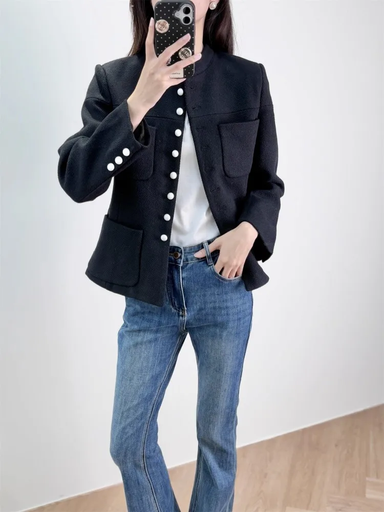 Office Dames Elegante Stand Kraag Tweed Jas Enkele Breasted Zakken Nieuwe Herfst Slim Fit Zwarte Jas Damesmode Bovenkleding