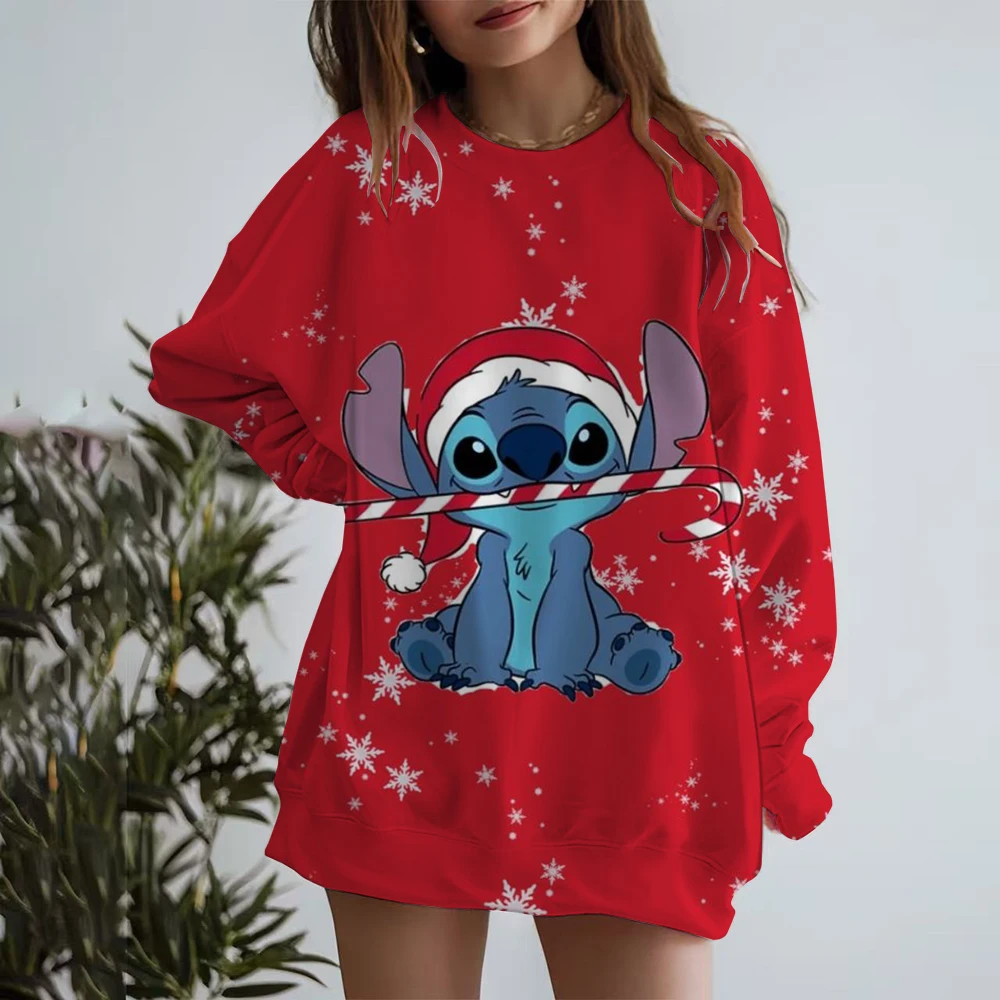 

Ladies' Christmas Disney Stitch printed sweatshirt, spring and autumn round neck pullover, Korean loose fitting clothing,