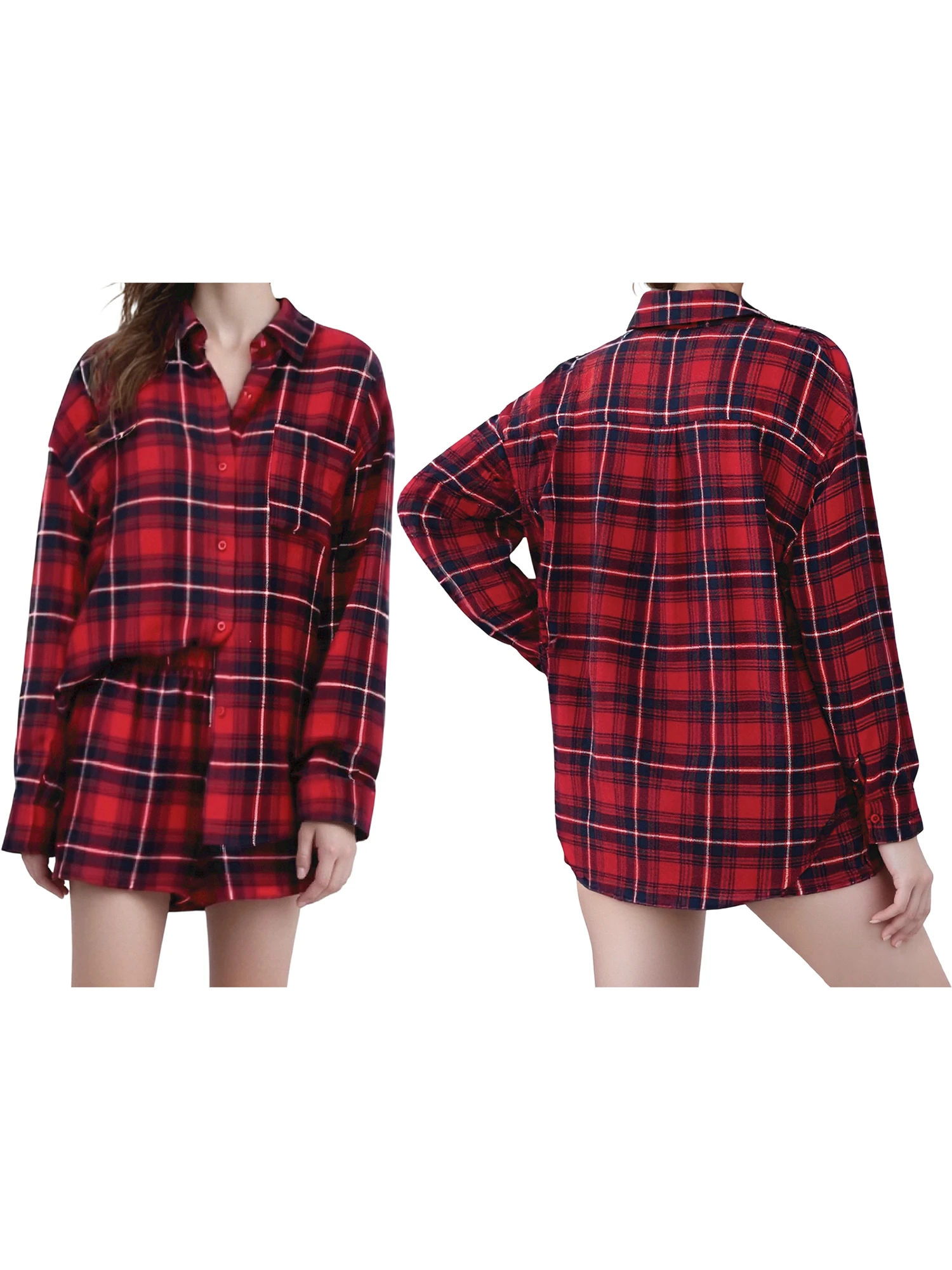 女性の格子縞の長袖ボタンダウンシャツと伸縮性ウエストショーツセットでスタイリッシュな秋の服装を演出します。