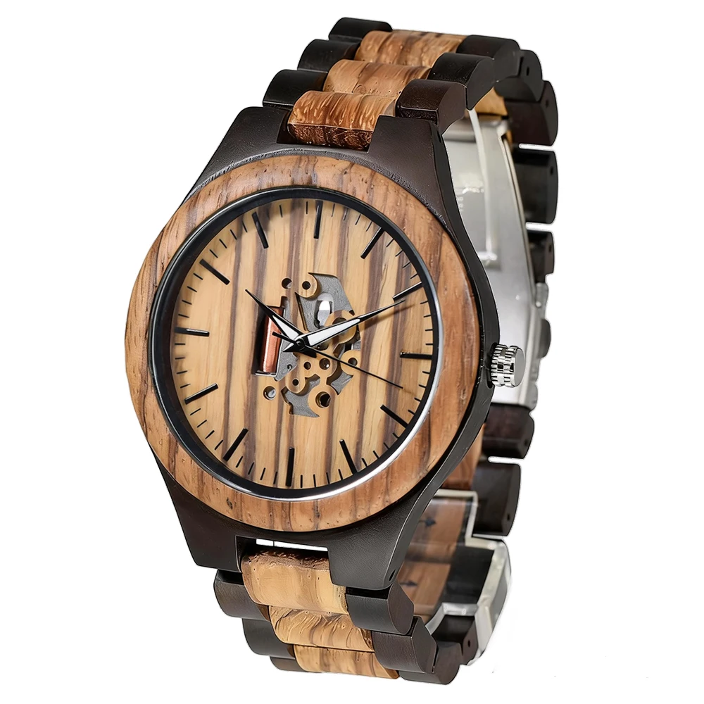 Zebra Wood Wrist Watch for Men Hollow Out Quartz Timepiece Bright Luminous Hands Classic Retro Round Shape