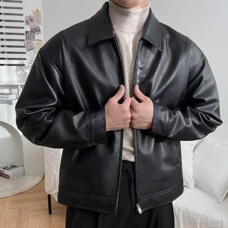 Men's Leather Jacket Coat Fashion Lapel Collar Zip-up Leather PU Jackets Men Winter Outdoor Leather Coat Streetwears