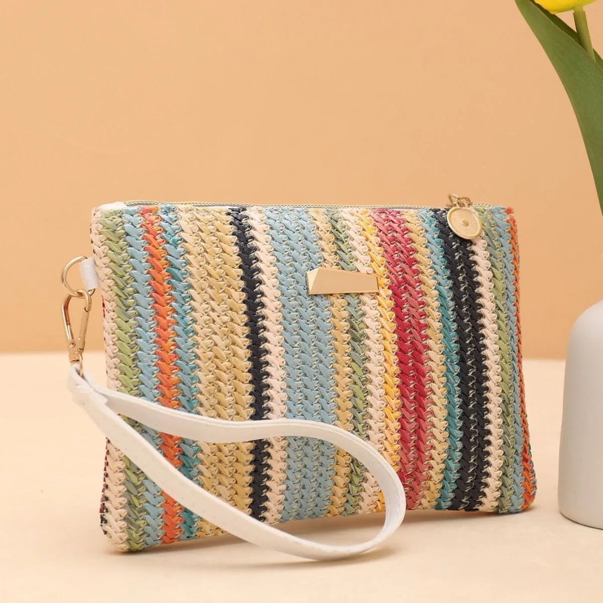 Colourful Weaving Bag Fashion Ladies Wristlet Clutch Women Money Phone Bag Solid Straw Woven Coin Purse Beach Wallet Card Holder