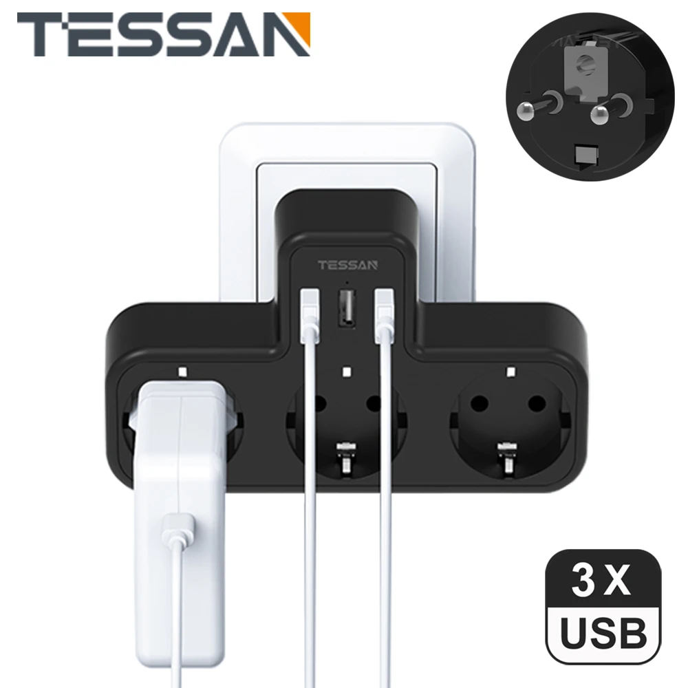 TESSAN European Multiple Plugs Power Strip with 1/3 Schuko Plugs & 2/3 USB Ports, EU KR Plug Wall Socket Adapter for Home Office