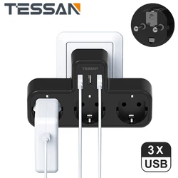 TESSAN-regleta de enchufes múltiples europeos con 1/3 enchufes Schuko y 2/3 puertos USB, adaptador de enchufe de pared EU KR para oficina y hogar