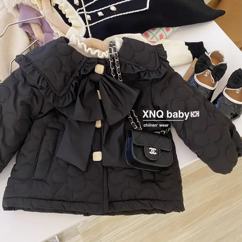 Girls Winter Coat 2026 New Fleece Lined Cotton Padded Jacket Kids Stylish Turn-Down Collar Outerwear