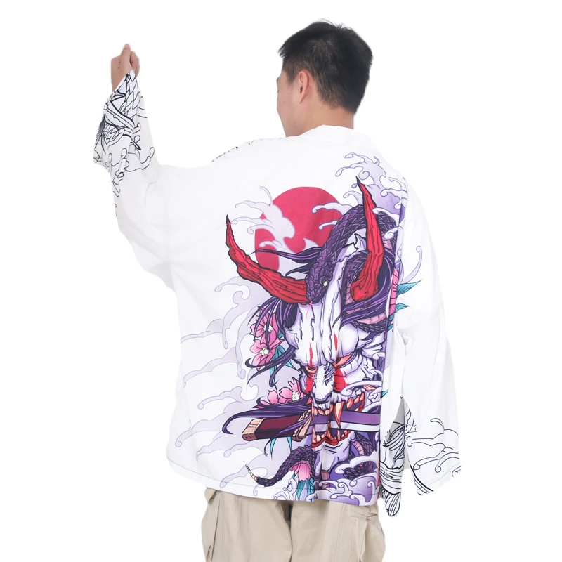 Demon Print Japanese Anime Kimono Asian Clothing - Unique and Striking Crane Fashion Haori Perfect for Cosplay or Dressing Up