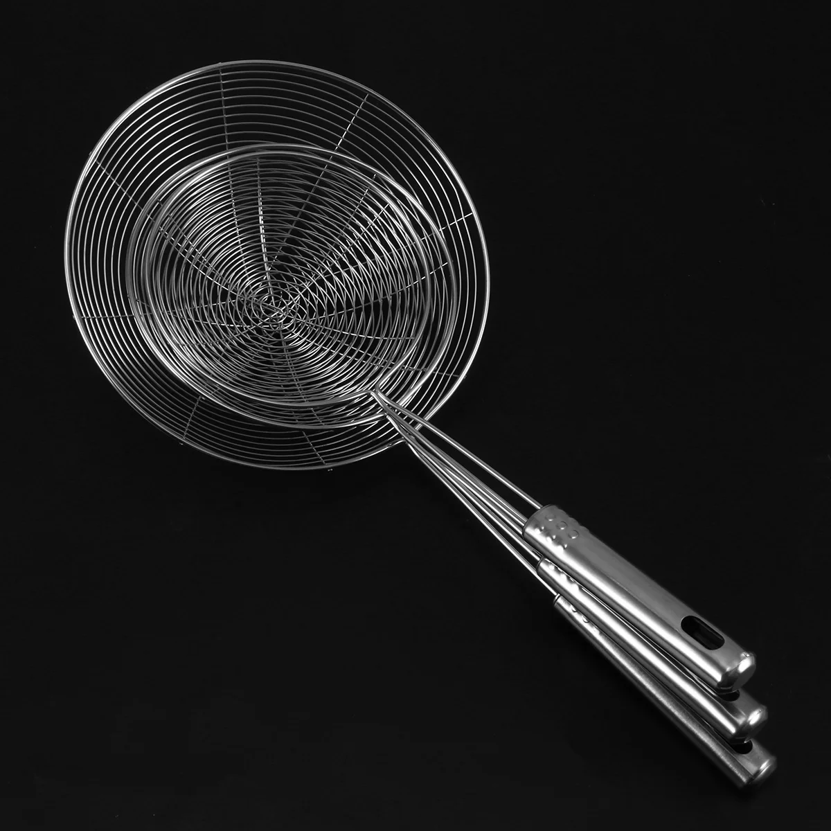 

Set of 3 Stainless Steel Skimmer Strainers Long Handle Eco-Friendly Spiral Mesh Kitchen Sieve for Pasta Spaetzle Noodles Chips