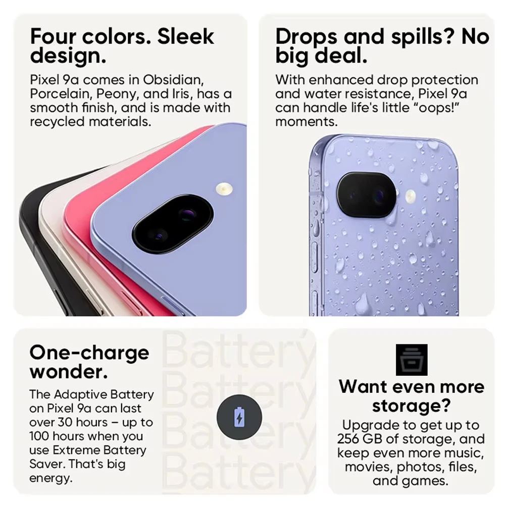 الإصدار العالمي لهاتف Google Pixel 9a 5G الذكي Google Tensor G4 شاشة 6.3 بوصة 120 هرتز Actua بطارية 5100 مللي أمبير في الساعة كاميرا خلفية 48 ميج