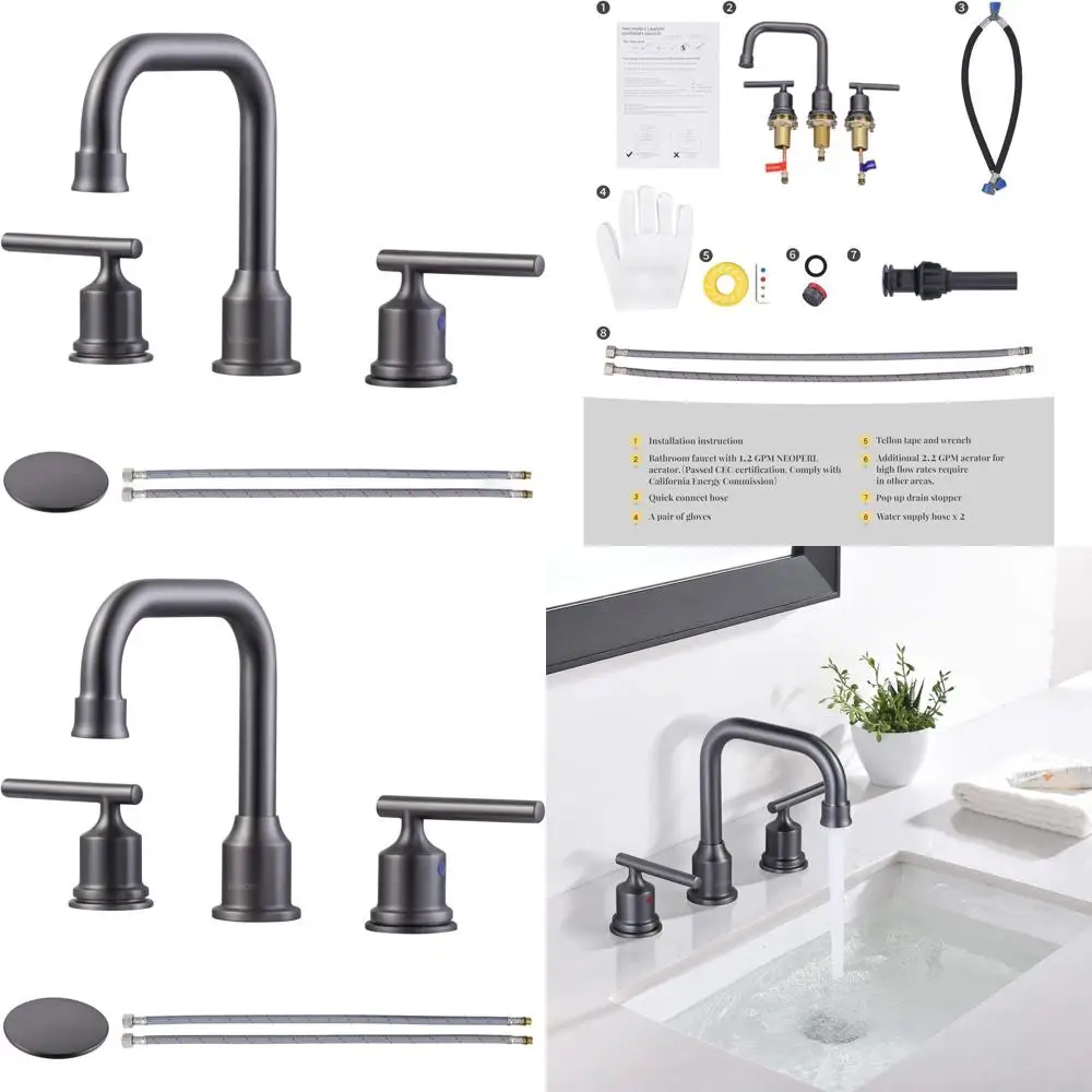 

3-Hole Dark Grey Brass Sink Faucet with Drain & Supply Lines, 2-Handle Mixer Tap Set