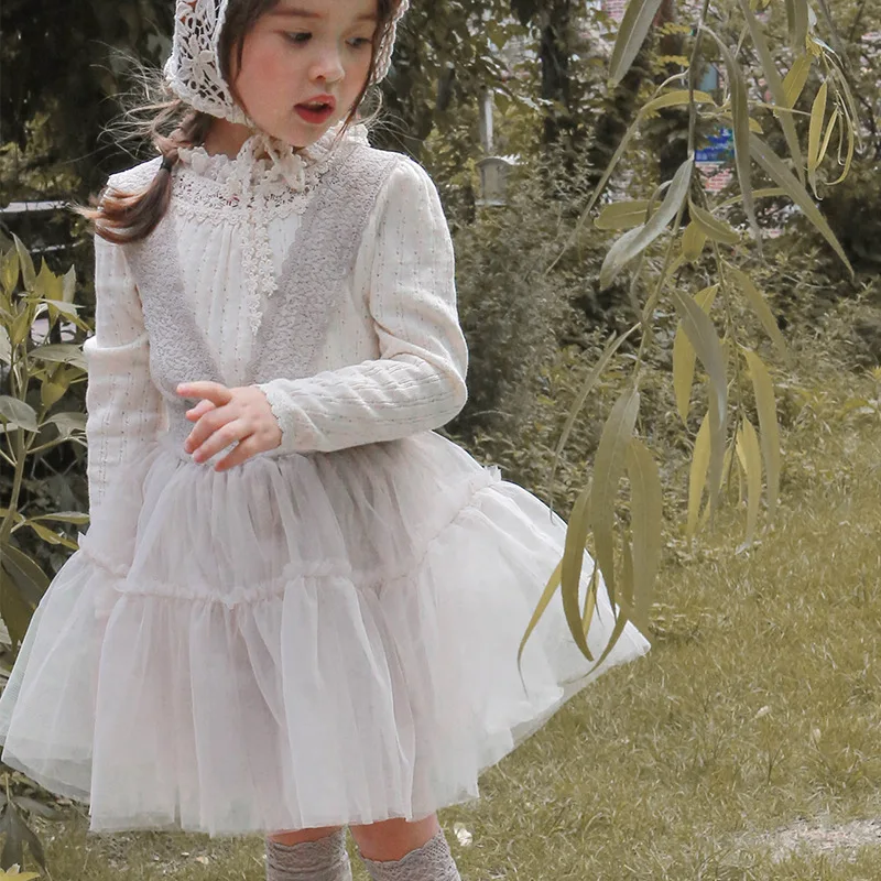 

2025 Autumn Infant Baby Girls Dress Ins Lace Trim Toddler Kids Girls Backpack Dress Netted Fabric Little Girls Princess Dress