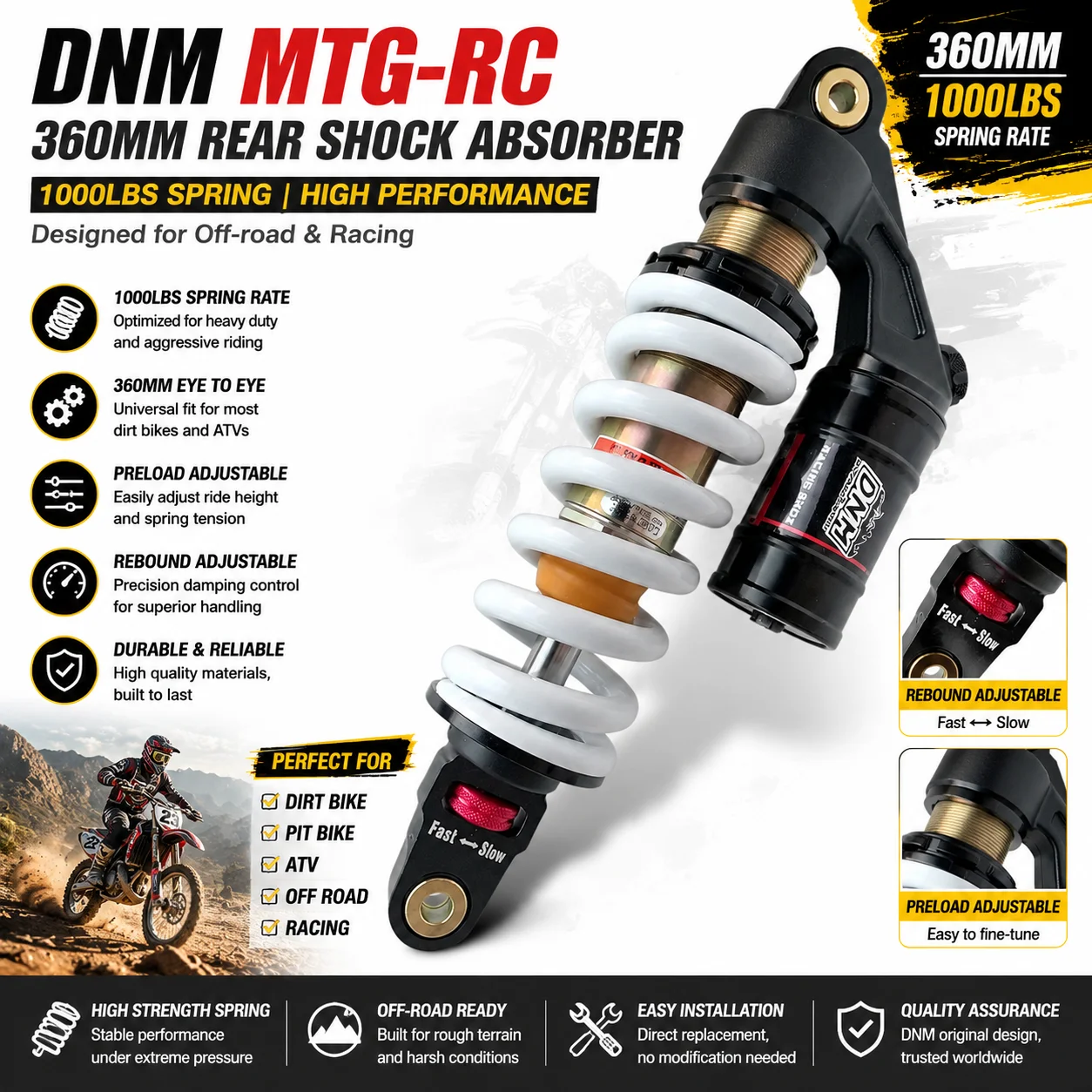Motorcycle Suspension 360mm 1000LBS DNM MTG-RC Rear Air Shock Absorber For Dirtbikes 125cc Honda Forza 350 tuning CBR650R ATV