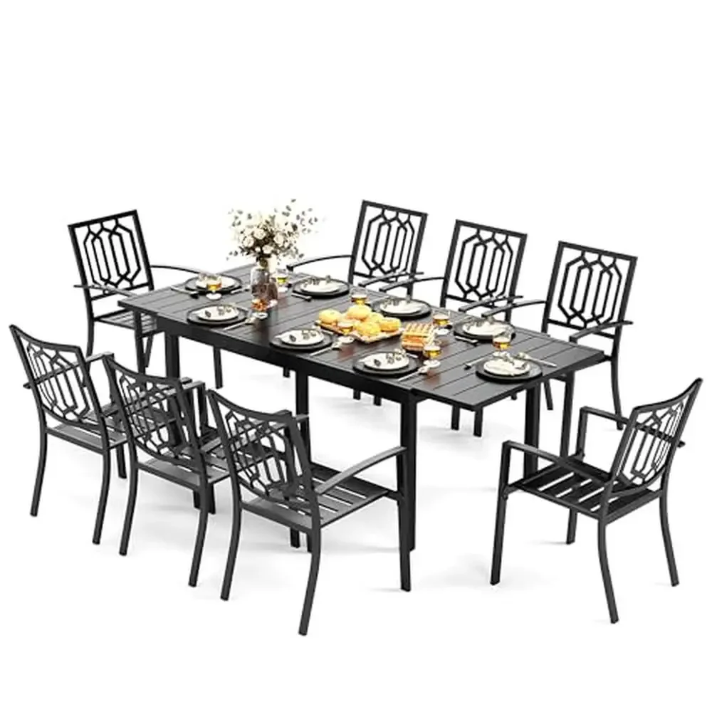 Outdoor Patio Dining Set 9PCS Steel Stackable Chairs & Rectangular Table Expandable 7-9 Persons Porch Lawn Backyard Garden