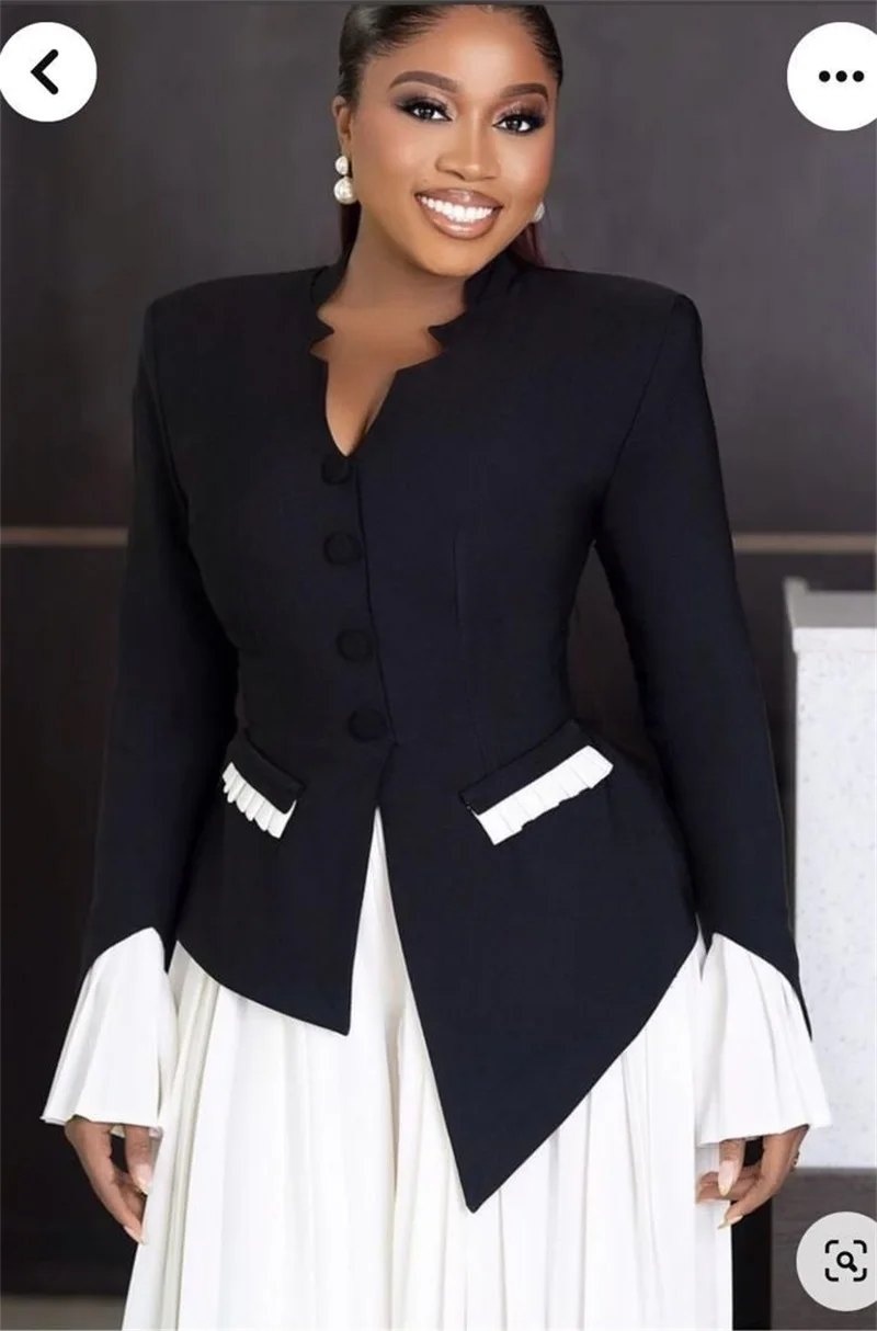 أبيض أسود المرأة الدعاوى مجموعة 2 قطعة السترة + السراويل فضفاضة مضيئة الأكمام مخصصة مكتب رسمي سترة حريمي الزفاف حفلة موسيقية معطف