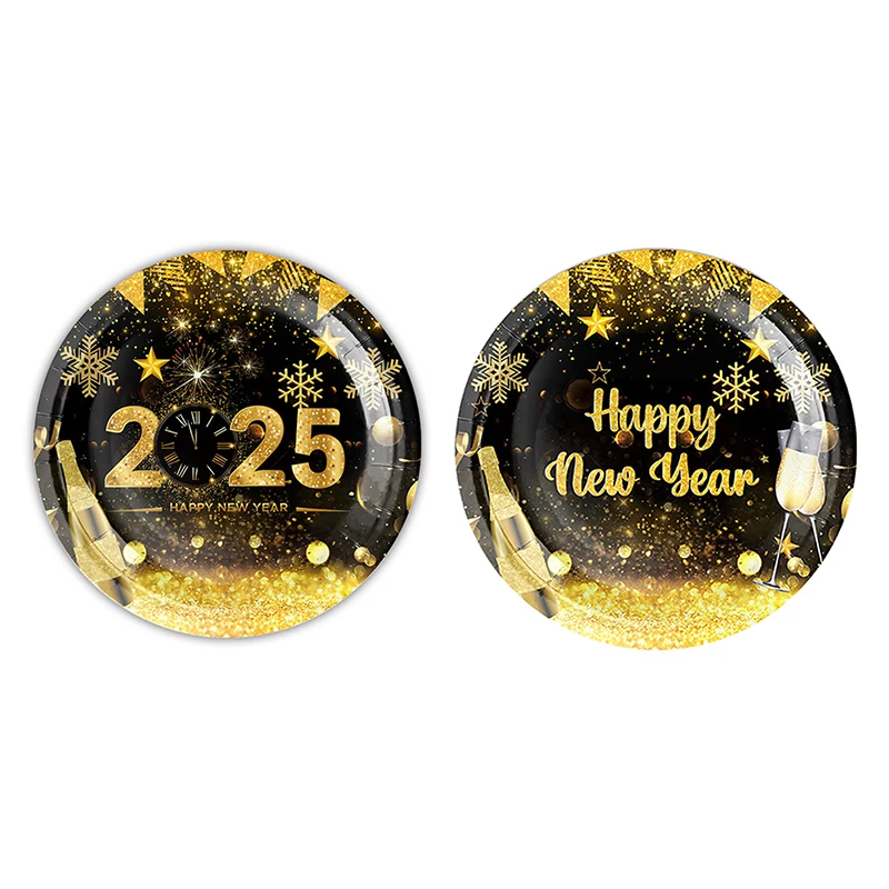 New Years Eve บนโต๊ะอาหาร 2025 Gold และ Black กระดาษทิ้งแผ่นถ้วยผ้าเช็ดปาก New Year Party อุปกรณ์ตกแต่ง