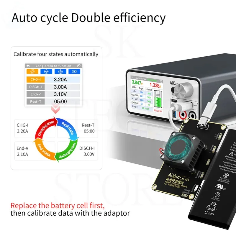 

Aixun P2408S Battery Calibration Adaptor Wth Built-in Cooling Fan for lPhone 11-13PM Battery Charge & Discharge Round Cycle Test