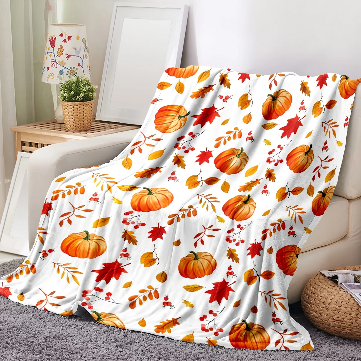 1 Autumn Leaves and Pumpkin Print Flannel Blanket, Soft Warm Throw for Sofa, Office,, Camping, Travel, Multi-Purpose Holiday Gift
