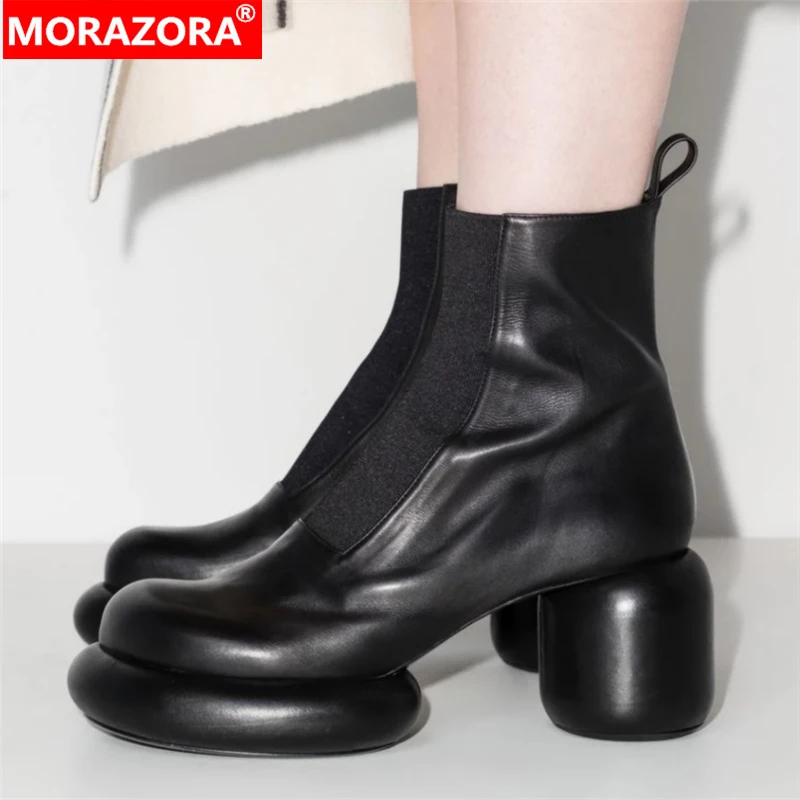 MORAZORA 2024 New Genuine Leather Boots Women Slip On Platform Ankle Boots Round High Heels Ins Hot Autumn Fashion Boots Size 41