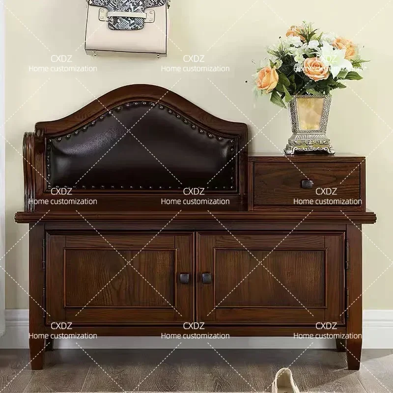Solid Wood Shoe Changing Stool with Storage Sitting Bench for Entryway Wall Mounted Shoe Cabinet Retro Home Organization