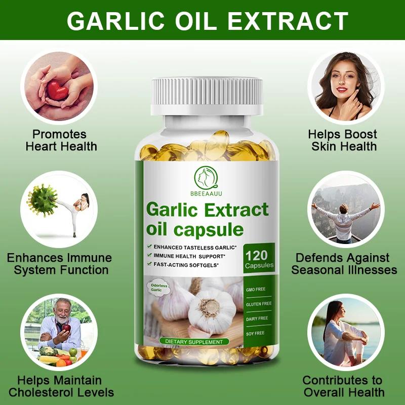 BBEEAAUU No Odor Garlic Extract Capsules for 10mg Soft Gel Promotes Healthy Cholesterol Level and Immune System Support