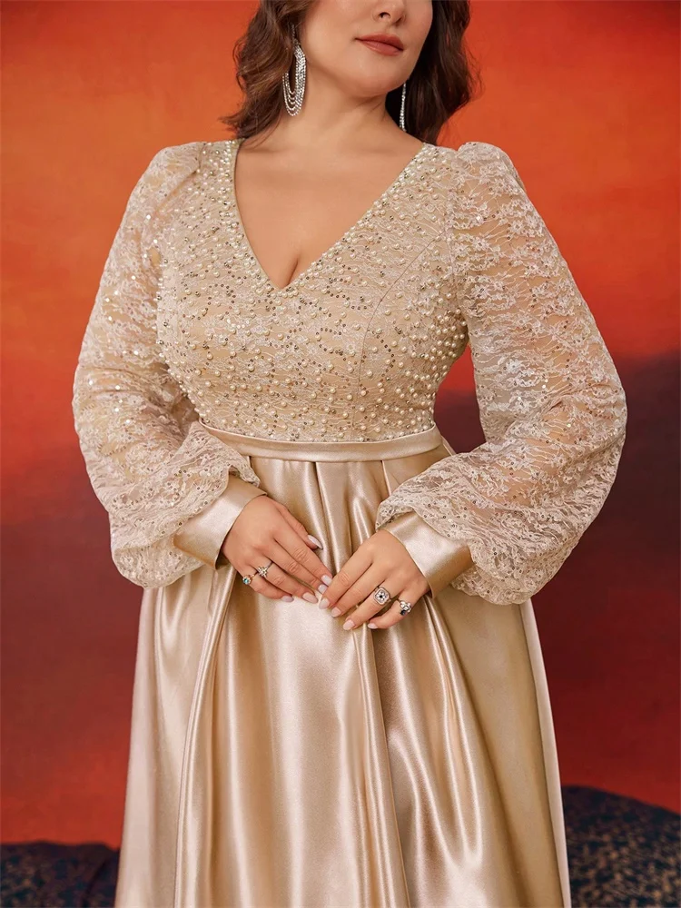 plus size gold boat neck long sleeve dress Blue Beaded Lace Extra Long Sleeve Prom Dresses Boat Neck Pageant Dres –  vigocouture main image 0