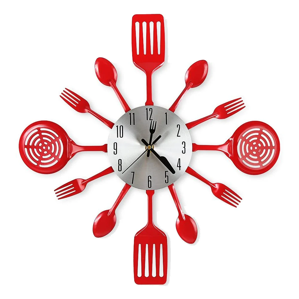 16 Inch Large Kitchen Wall Clocks with Spoons and Forks,3D Tableware Wall Clock Room Home Decoration(Red)