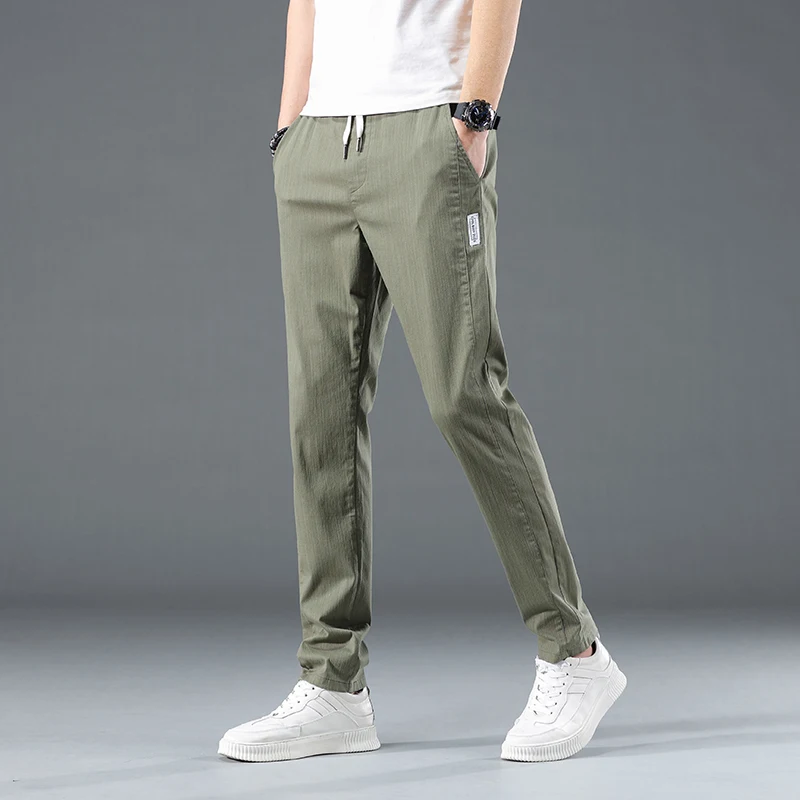 2024 Summer Thin Cotton Men\'s Casual Slim Pants Soft Comfortable Elastic Wrinkle Resistant Drawstring Classic Casual Pants Male