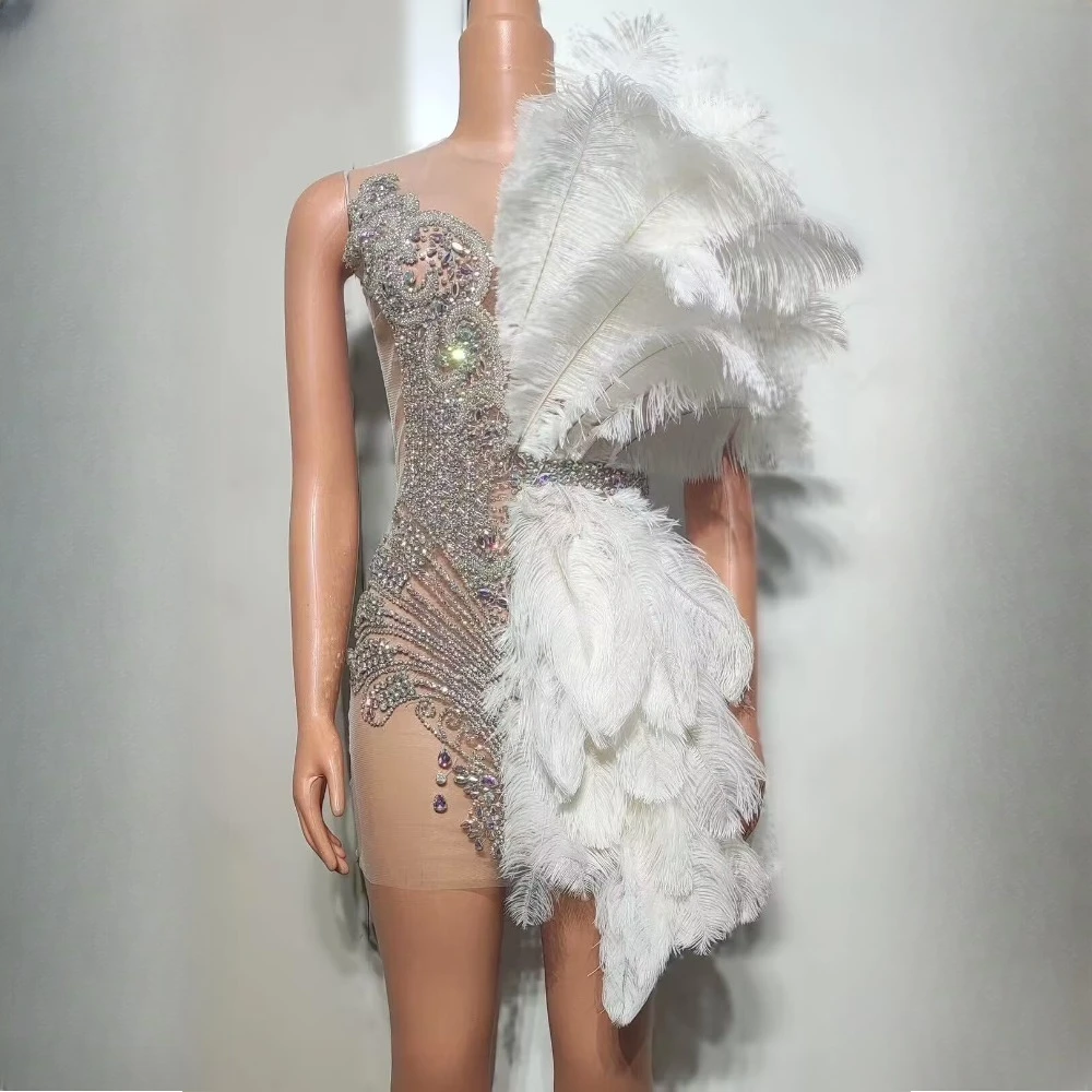 Glamorous Feather Diamond Birthday Party Dress Stage Performance Costume Singer Model Banquet Ball Slim Fit Outfit Show Costumes