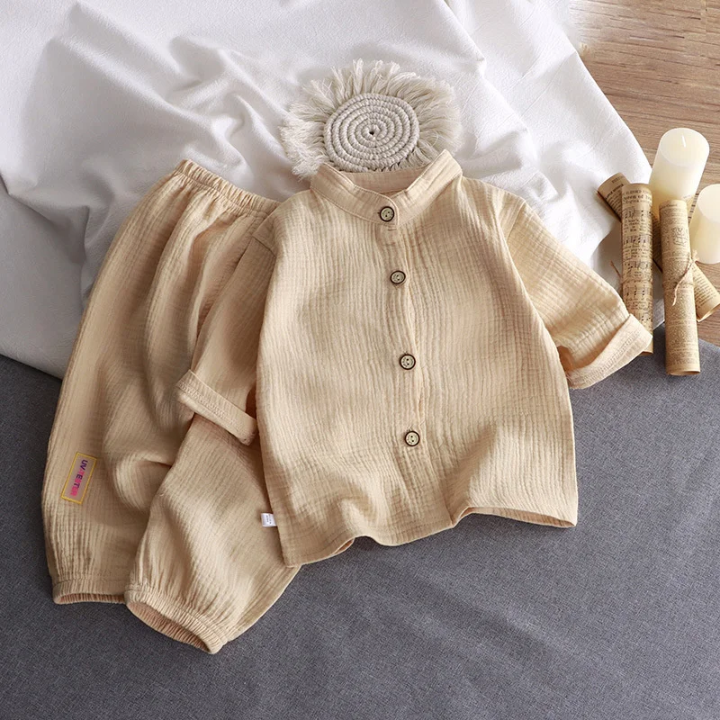 Children's Stand Collar Sets Boys Girls Summer Thin Pure Cotton Home Wear Baby Gauze Air Conditioning 2Pcs Outfits Kids Clothing