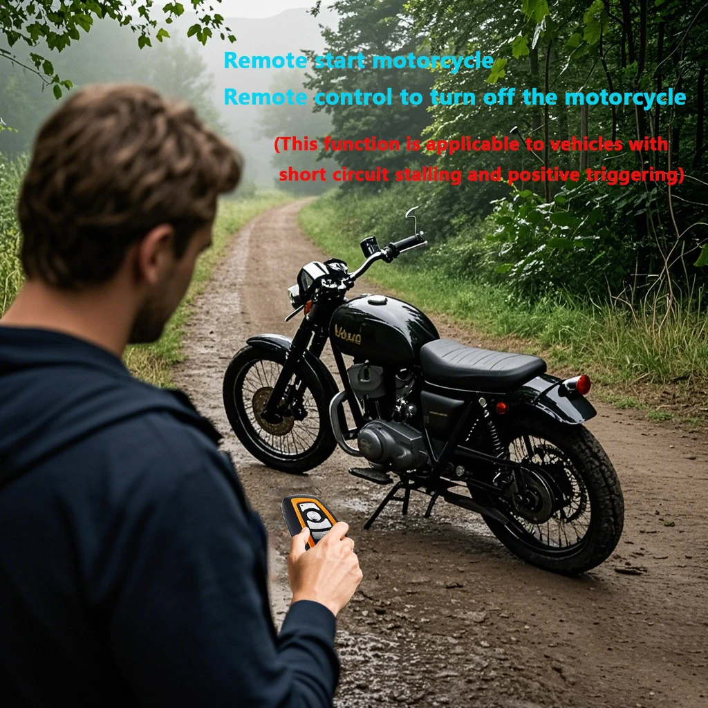 Motorcycle anti-theft alarm: remote start/stop, hazard lights, car finder, sensitivity adjustment, auto-arm, power-off flameout